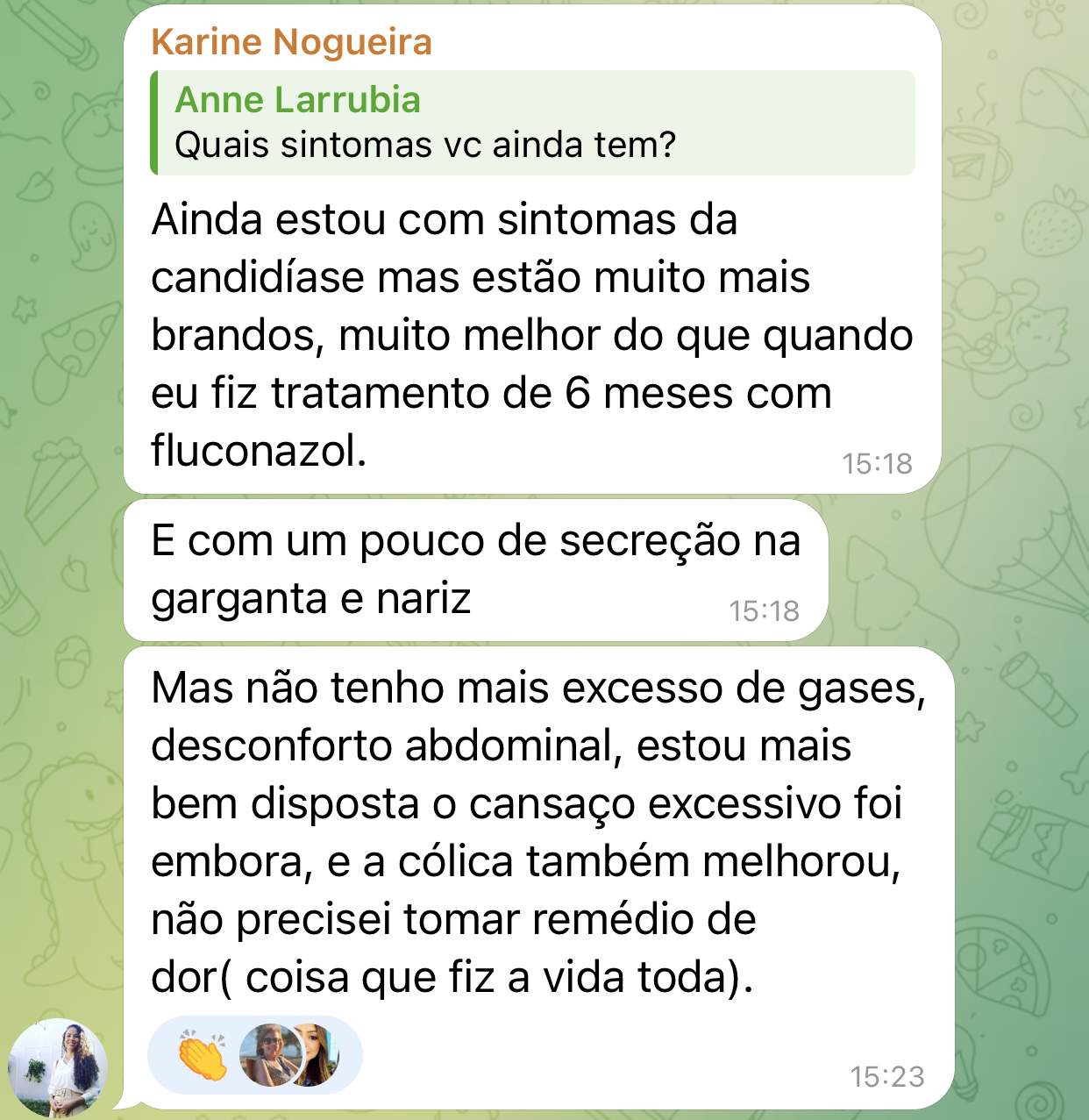 Relato de aluna com melhora dos sintomas, gases, disposição e cólica